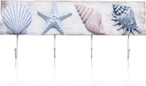 TideAndTales - Ganchos de pared para decoración de playa, conchas marinas, toallero para baño, dormitorio o cocina, 4 ganchos fuertes, decoración de