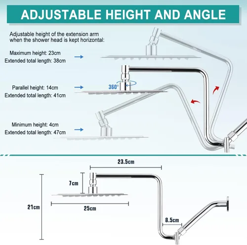 Vista 3 de Cabezal de ducha de alta presión de 10 pulgadas con combo de mano, brazo de extensión de 12 pulgadas de altura ajustable, potente cabezal de ducha