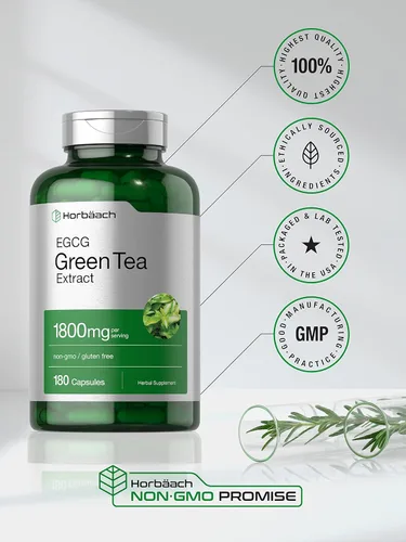 Vista 5 de Horbäach EGCG - Pastillas de extracto de té verde 180 cápsulas Potencia máxima Suplemento sin OMG y sin gluten