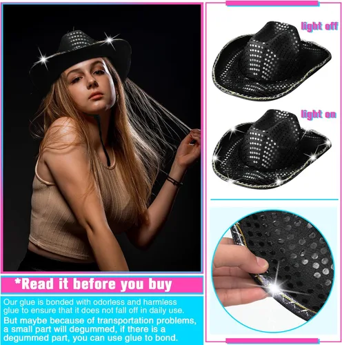 Vista 4 de Paquete de 20 sombreros de vaquera con luces LED intermitentes para despedida de soltera, fiesta occidental, boda, novia