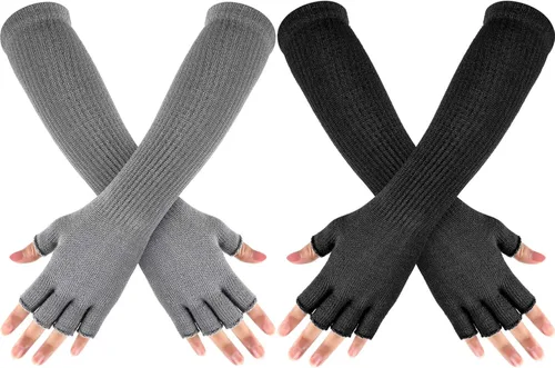 2 pares de guantes de invierno sin dedos largos térmicos de punto elásticos calentadores de brazos guantes de medio dedo para hombres y mujeres 11