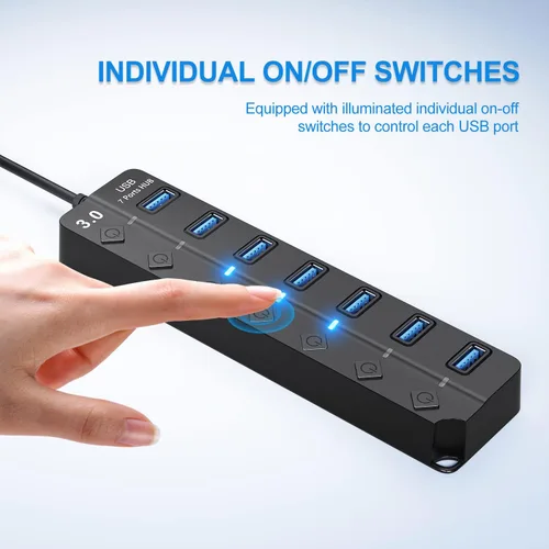 Vista 5 de ONFINIO Hub USB 3.0, divisor de concentrador USB de 7 puertos con interruptores individuales de encendido/apagado y luces, cable de 3.2 pies/1m