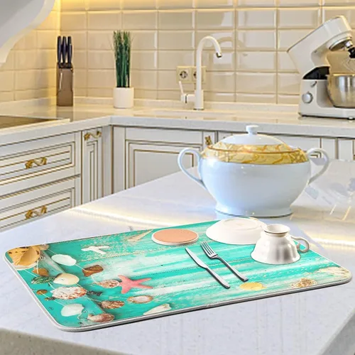 Vista 6 de Tapete absorbente para secado de platos para encimera de cocina, conchas verdes en la tabla de madera, almohadilla de secado de microfibra 27