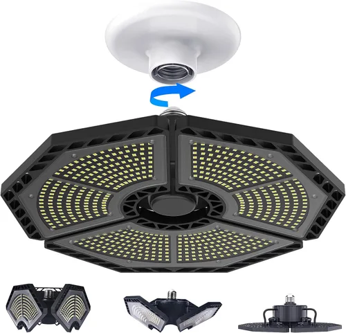 Vista 8 de KERNOWO Luces LED de garaje, 140 W, 18500 lúmenes, iluminación de garaje, luz diurna de 6000 K con lámpara de techo de tres paneles deformables