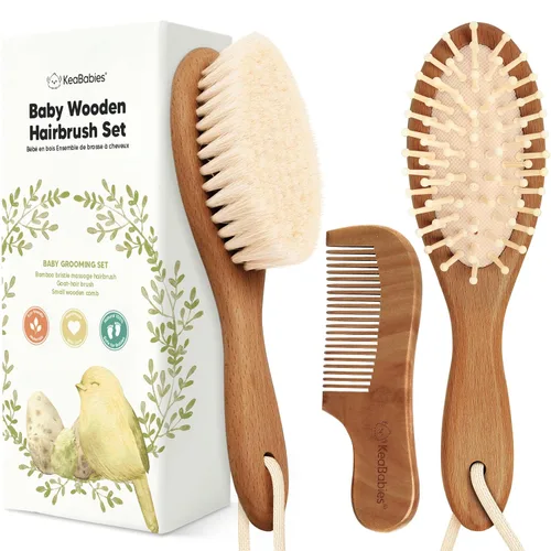 Vista 10 de Juego de cepillo y peine para cabello de bebé para recién nacidos - Juego de cepillos de madera para cabello de bebé con cerdas suaves de cabra Rubor