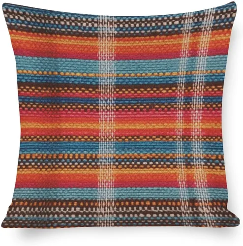 Funda de cojín de lino multicolor con rayas retro mexicanas estilo bohemio, decoración del hogar al aire libre, multicolor, fundas de almohada