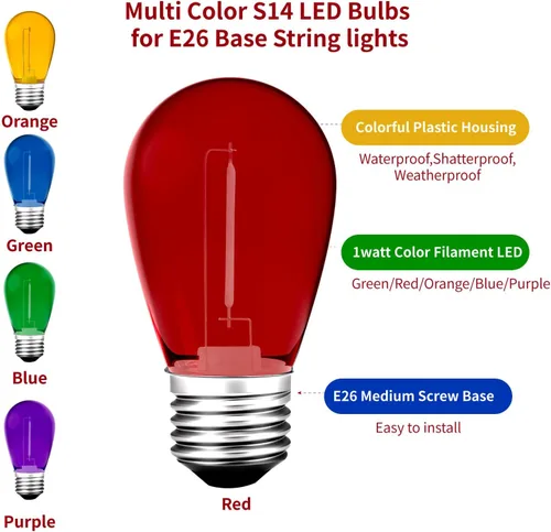 Vista 2 de Meconard Paquete de 15 bombillas LED S14 de colores para tira de luces, 1 vatio, de plástico inastillable e impermeable, bombillas de repuesto