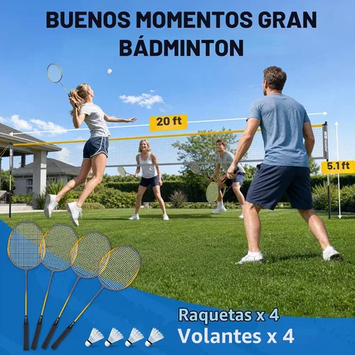 Vista 3 de Haokelball Badminton Set with Net Rackets Shuttlecocks for Backyards Games Amarillo bádminton