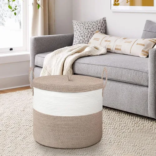 Vista 6 de Cesta de almacenamiento grande de 18" X 18" X 14" con tapa, cesta para mantas de sala de estar, caja de almacenamiento de cuerda de algodón tejida