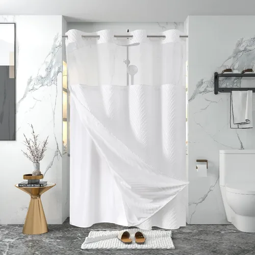 Vista 10 de eachope stall no Hook - Cortina de ducha mechonada con juego de forro a presión, forro interior de tela impermeable blanca, cortina de ducha