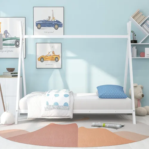 Vista 9 de SOFTSEA Cama de metal individual, plataforma de metal con tablillas, plataforma de cama con forma de triángulo doble para niños (negro)