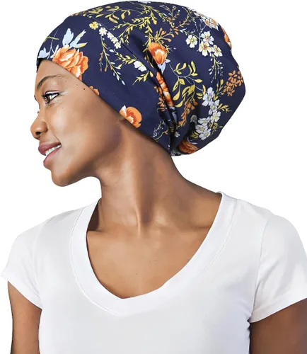 Vista 37 de Gorro de dormir ajustable con forro de satén para rastas de cabello rizado, cabeza grande, permanece puesta durante la noche beige púrpura