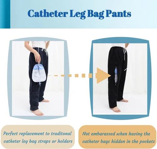 Vista 4 de Catheter Leg Bag Pants, Holds (2) 2000ml Leg Bags for Nephrostomy, Suprapubic & Biliary Catheters, Urine Bag Holder Pants with Double Zippered