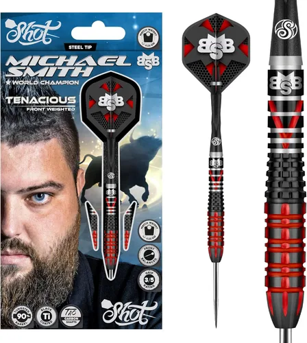 Shot! Dardos de punta de acero, Michael Smith Tenacious (0.81 oz/0.88 oz/0.95 oz), 90% barril de tungsteno, peso frontal, juego de dardos