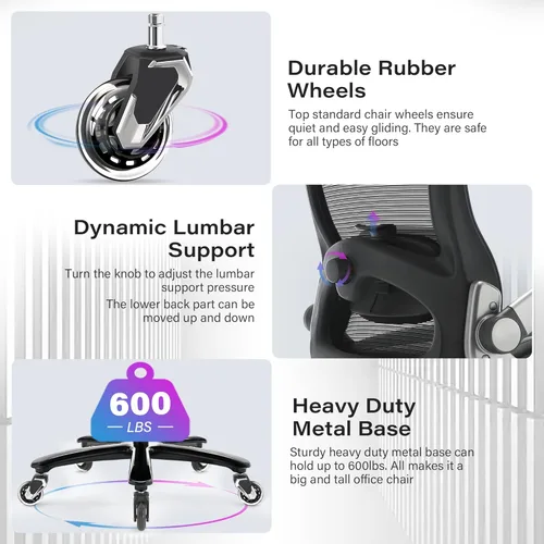 Vista 6 de Silla de oficina grande y alta de 600 libras, silla de computadora ejecutiva resistente con brazos abatibles 3D, ruedas grandes, silla de escritorio