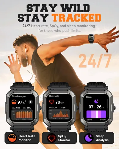 Vista 2 de Reloj inteligente para hombre, rastreador de ejercicio: relojes digitales militares para hombre, Bluetooth, responder llamadas, correr, impermeable