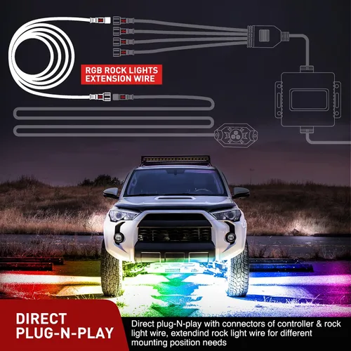 Vista 3 de Nilight Paquete de 2 cables de extensión de luz de roca RGB de 10 pies y 4 pines para 4 y 8 cápsulas, kits de luz de roca subterránea multicolor