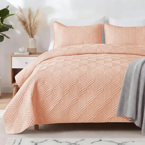 Vista 17 de Whale Flotilla Juego de ropa de cama extra suave, colcha amarilla ligera tamaño Queen con patrón moderno, colcha reversible de 3 piezas con 2 fundas