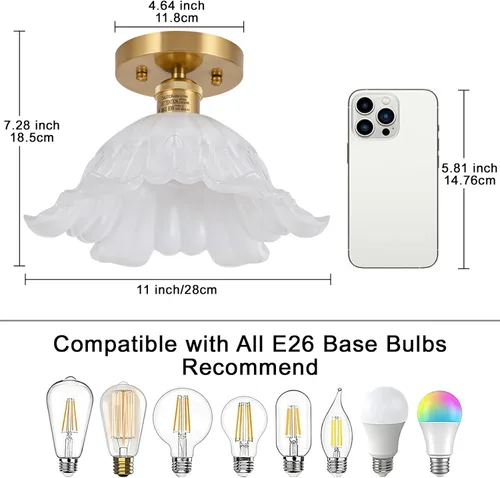 Vista 2 de Lámpara de techo semiempotrada, lámpara vintage para pasillo, lámpara de techo blanca de 11 pulgadas, bombilla E26 incluida, accesorios de luces