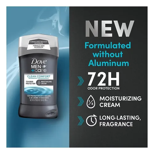 Vista 2 de Dove Men+Care - Desodorante en barra de 72 horas sin aluminio, Clean Comfort, 3 unidades/3 oz