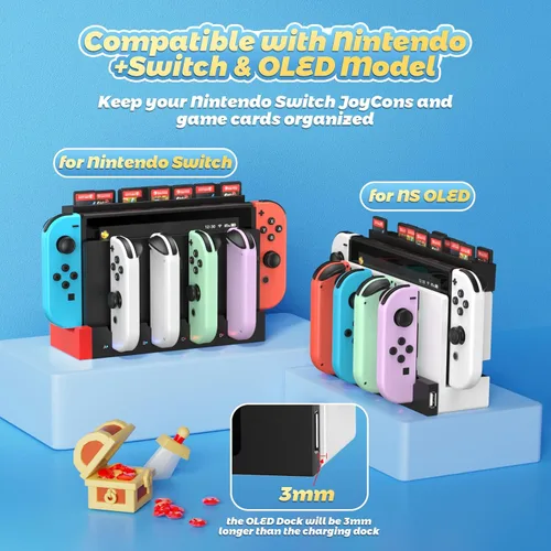 Vista 2 de FastSnail Cargador compatible con Nintendo Switch para Joy con, base de estación de carga y soporte de almacenamiento para tarjetas de juego con 28