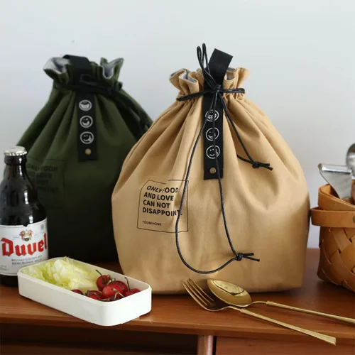 Vista 5 de Bolsa de almuerzo de lona con cordón, bolsa de almuerzo aislada, estilo japonés, bolsa de almuerzo reutilizable, bolsa aislada con asa y cierre