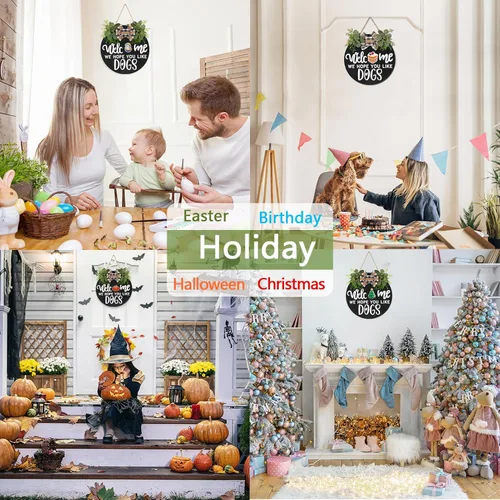 Vista 6 de Letrero de Bienvenida de Madera Intercambiable de Temporada, Letrero Redondo Rústico de Perros, Coronas para Puerta Delantera para Decoración