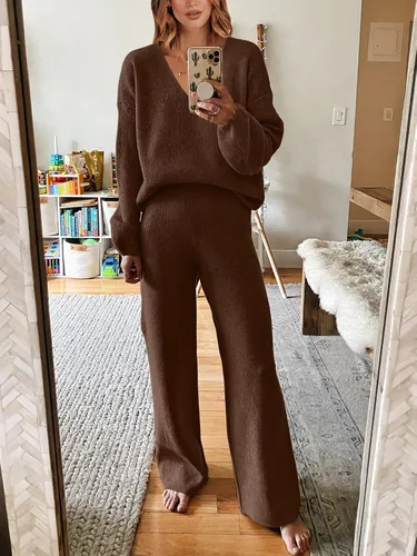 Vista 2 de ANRABESS Conjunto de dos piezas para mujer, suéter de manga larga, cuello en V, suéter de punto y pantalones de pierna ancha