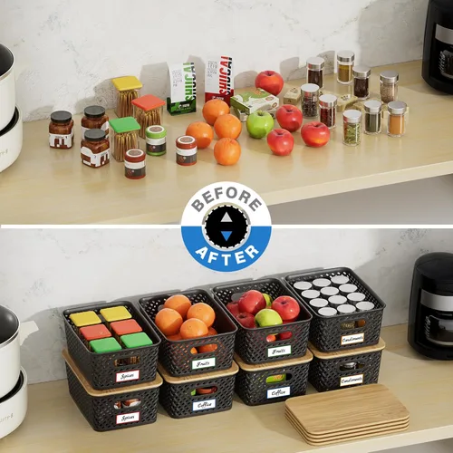 Vista 4 de Anysig 8 Paquetes Contenedores de Almacenamiento de Plástico con Tapas de Bambú - Contenedores de Almacenamiento Apilables Decorativos Cestas