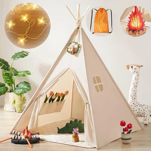 Tiny Land Tienda de campaña tipi para niños con luces de estrella, tienda de campaña plegable para niñas y niños, tienda de campaña lavable para