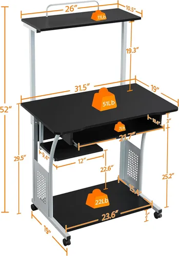 Vista 3 de Yaheetech Escritorio de computadora móvil de 2 niveles con estante para impresora y bandeja para teclado, mesa de computadora rodante para espacios