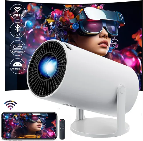 Vista 9 de Proyector HY300 con WIFI6 y Bluetooth, compatible con 4K/1080P, Android TV 11.0, Mini portátil giratorio de 180°, Keystone automático