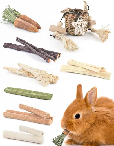 Vista 6 de Bissap Juguetes Masticables para Conejos, Cestas Colgantes de Hierba Marina Natural Masticables de Plantas Acuáticas Tejidas, Golosinas Masticables