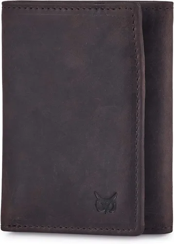 Cartera de piel auténtica con triple pliegue para hombre, bolsillo frontal delgado, tarjeta de bloqueo RFID