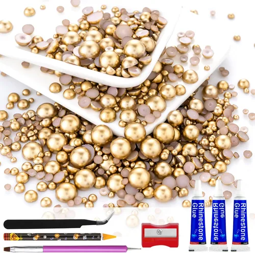 Vista 23 de 60g de perlas planas doradas con parte trasera de diamantes de imitación para manualidades, tamaño mixto de 3mm-10mm, color AB, redondas, cuentas
