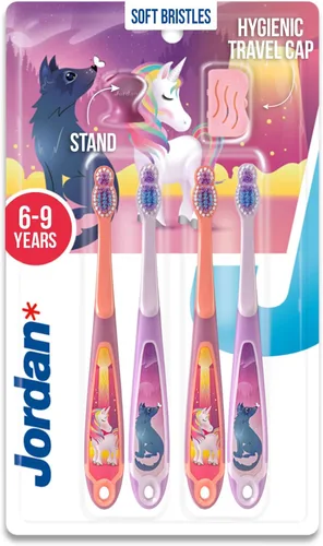 Jordan* Step 3 Cepillo de dientes para niños, de 6 a 9 años, cerdas suaves, sin BPA, paquete de 4, azul y rosa