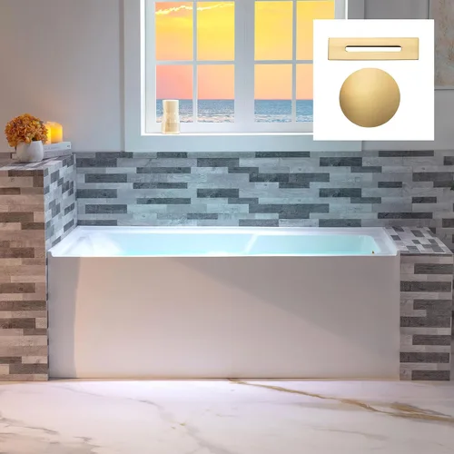 Vista 22 de WOODBRIDGE Bañera rectangular de acrílico de 60 pulgadas en blanco con drenaje derecho, drenaje desplegable de níquel cepillado incluido BA6030R B/N