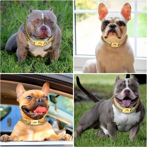 Vista 4 de BAOBOTE Collar de perro de cadena de oro, 0.630 in, oro de 18 quilates, resistente collar de eslabones cubanos con hebilla a presión segura, collar