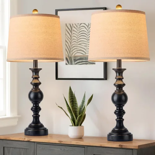 Vista 9 de Juego de 2 lámparas de mesa de 28 pulgadas para sala de estar, lámparas de estilo granja para dormitorio con puertos USB, lámpara de mesa de noche