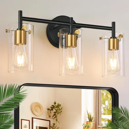 Vista 12 de 2023 Mejora 3 luces para tocador de baño de níquel cepillado, pantalla de vidrio transparente, apliques de pared para espejo, dormitorio, sala