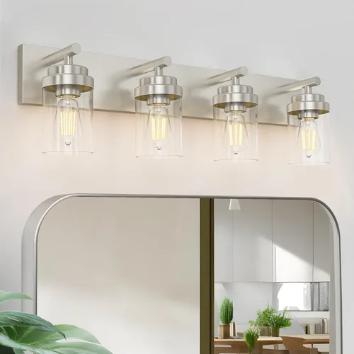 Vista 15 de IZORRO Lámpara de tocador de baño, 3 luces de 22 pulgadas, color negro mate, con pantalla de vidrio transparente, luces modernas de tocador