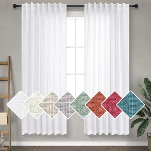 Vista 21 de Cortinas de lino crema de 102 pulgadas de largo para sala de estar, dormitorio, 2 paneles con bolsillo con pestaña trasera, filtro de luz, cortina