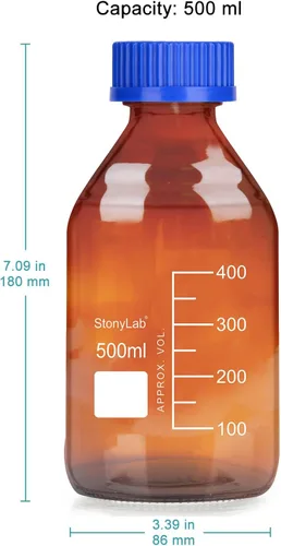 Vista 2 de stonylab Botellas redondas graduadas de vidrio ámbar con tapa de rosca GL45, 16.9 fl oz, 1 paquete