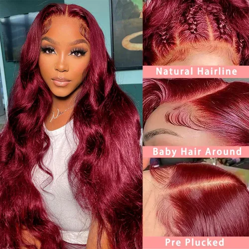 Vista 2 de ZGWG Pelucas Frontales Rojas de Cabello Humano 180% Densidad 13X6 Ondas al Cuerpo Pelucas de Encaje Frontal Color Burdeos Pelucas de Encaje Frontal