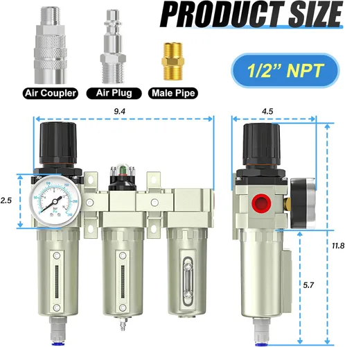 Vista 2 de 1/2" NPT Sistema de secado de aire de tres etapas de grado industrial resistente, drenaje automático, filtro coalescente, filtro de partículas