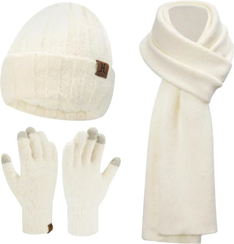 Gorro de punto cálido para mujer, para pantalla táctil, conjunto de bufanda larga con forro polar y gorras de calavera para mujeres y hombres