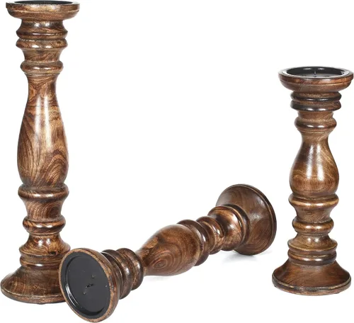 Vista 4 de Juego de 3 candelabros de pilar de madera de granja - Portavelas altos rústicos hechos a mano para decoración del hogar, centros de mesa, bodas