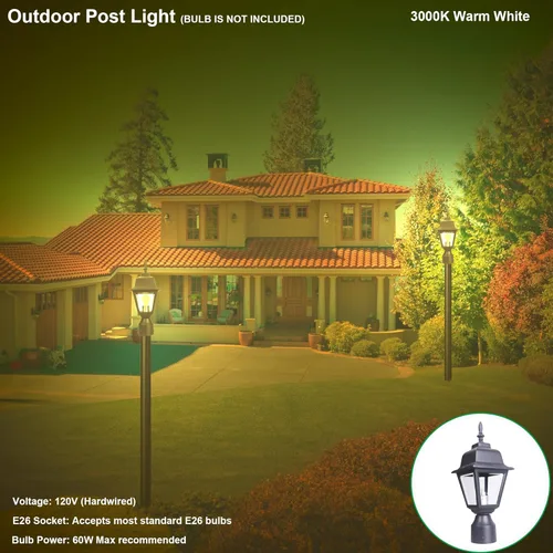 Vista 6 de LIT-PaTH Farol de poste de iluminación para exteriores, base mediana E26 máximo de 60 W, carcasa de aluminio más vidrio transparente, bombilla