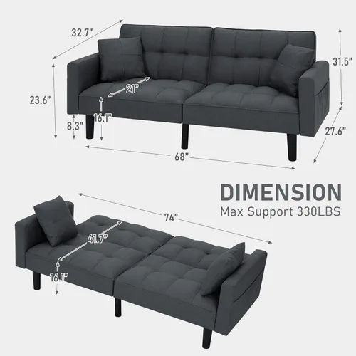 Vista 12 de AVAWING 74" Faux Leather Futon Sofa Bed with Adjustable Backrest 3 in 1 Convertible Futon Couch with 2 Square Pillows & Side Pockets Modern Loveseat