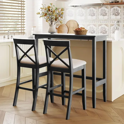 Vista 16 de Juego de mesa de comedor de 3 piezas con altura de mostrador, juego de comedor de madera maciza con 2 taburetes tapizados, mesa de comedor